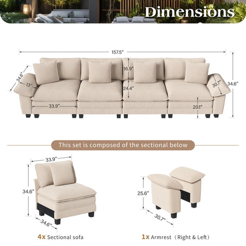 Modular Corduroy Sectional Cloud Sofa Set for Living Room