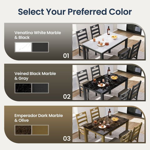 5-Piece Modern Farmhouse Dining Set with Faux Marble Tabletop & Rubber Wood Chairs
