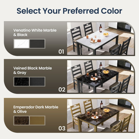 5-Piece Modern Farmhouse Dining Set with Faux Marble Tabletop & Rubber Wood Chairs