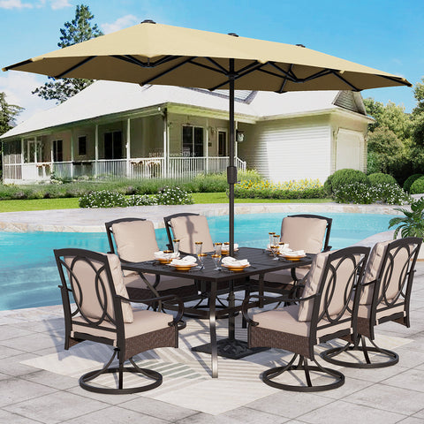Luxurious Thick-Cushion Rattan-steel Swivel Chairs 7-Pcs Patio Dining Set