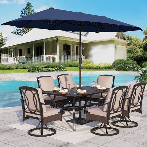 Luxurious Thick-Cushion Rattan-steel Swivel Chairs 7-Pcs Patio Dining Set
