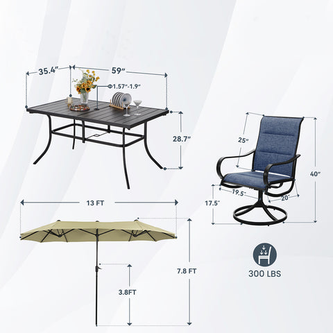 8-Piece 13ft Umbrella Patio Dining Set with Denim Blue / Grey Textilene Swivel Chair