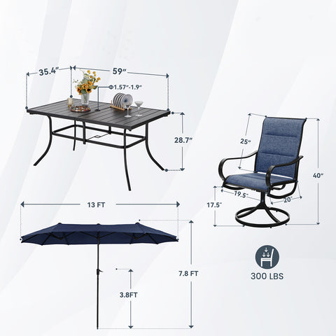 8-Piece 13ft Umbrella Patio Dining Set with Denim Blue / Grey Textilene Swivel Chair