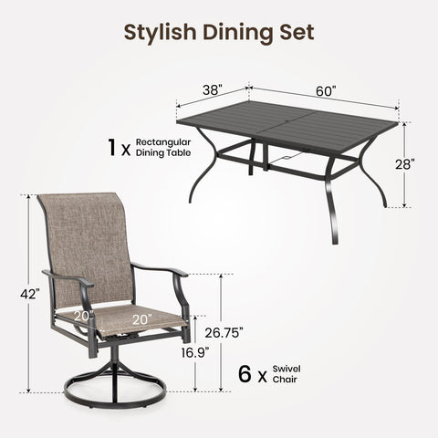 7-Piece Patio Textilene High Back Swivel Chairs and Steel Rectangle Table Dining Set