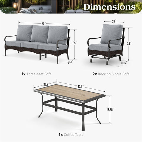 5-Seat Thick Cushion Steel-Rattan Patio Conversation Sofa Set with Coffee Table