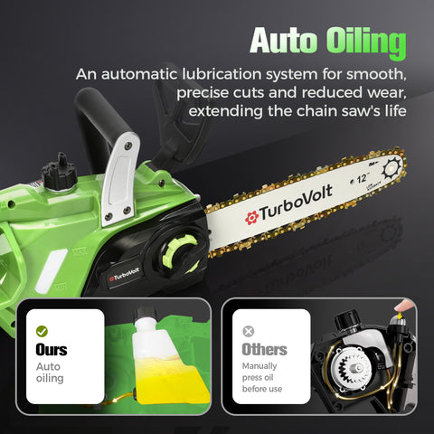 12" Cordless Brushless Chainsaw with Auto Oiling and Safety Brake for Wood Cutting
