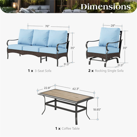 5-Seat Thick Cushion Steel-Rattan Patio Conversation Sofa Set with Coffee Table
