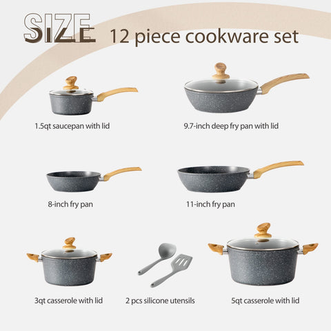 Kitchen Academy Stylish Granite-Coating Nonstick Induction 12 Pieces Cookware Set