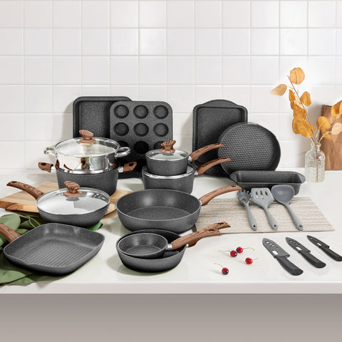 Kitchen Academy Ultimate 30 Pieces Granite-Coating Nonstick Induction Cookware Set for Easy Dinner Ideas