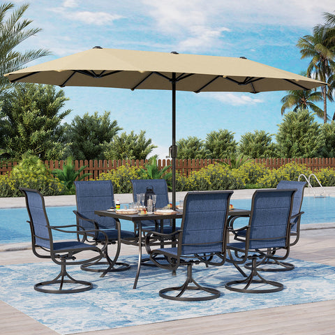 8-Piece 13ft Umbrella Patio Dining Set with Denim Blue / Grey Textilene Swivel Chair