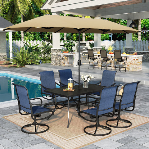 8-Piece 13ft Umbrella Patio Dining Set with Denim Blue / Grey Textilene Swivel Chair