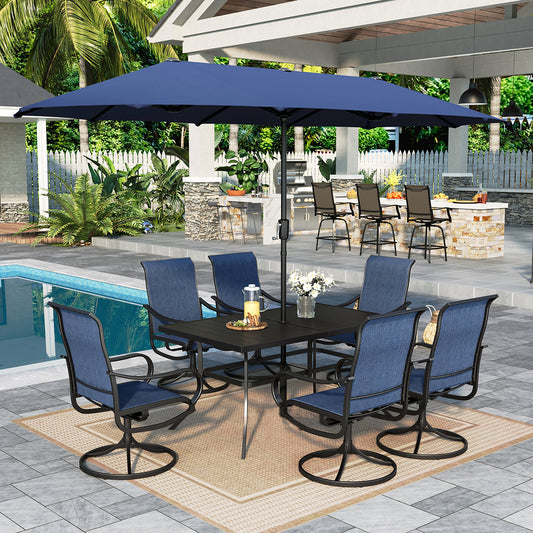 8-Piece 13ft Umbrella Patio Dining Set with Denim Blue / Grey Textilene Swivel Chair