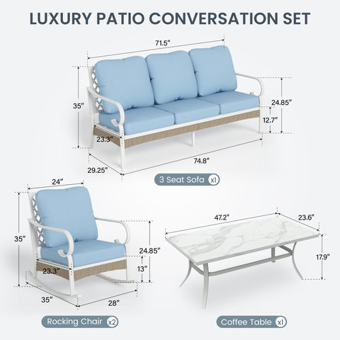 5-Seater Porcelain White Enlarged Sofa Set for Backyard