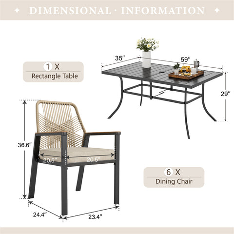 7-Piece Outdoor Patio Dining Set with Handcrafted Rattan Rope Chairs