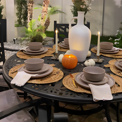 7-Piece Cast Aluminum Patio Dining Set Round Table & Flower Back Chairs