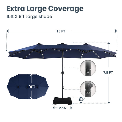 15ft Extra Large Double-Sided Patio Umbrella with Solar Powered LED Lights (Base Included)