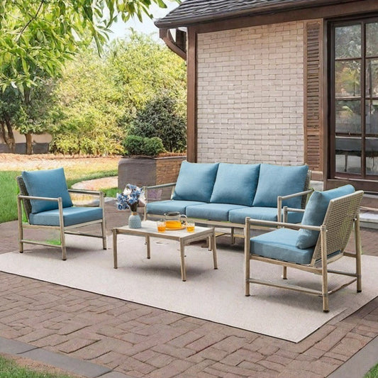 5/7-Seat Outdoor Steel and Rattan Sofa with Wood Grain Coffee Table