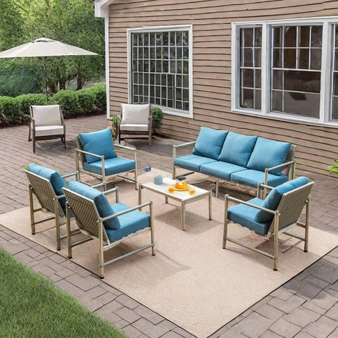 5/7-Seat Outdoor Steel and Rattan Sofa with Wood Grain Coffee Table