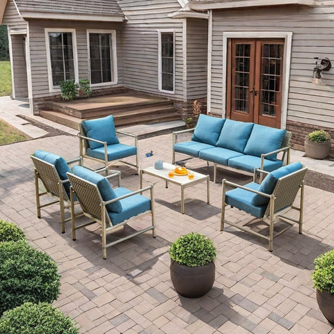 5/7-Seat Outdoor Steel and Rattan Sofa with Wood Grain Coffee Table