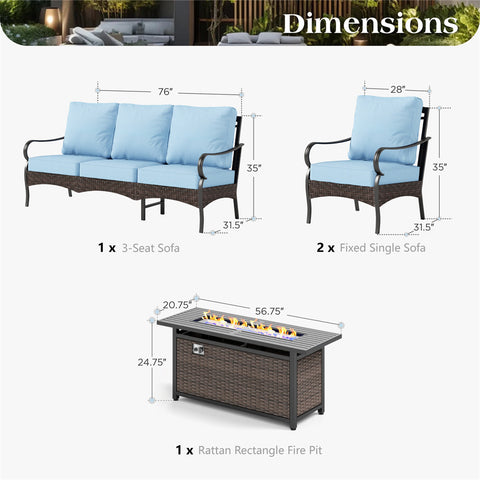 5-Seater Rattan-steel Luxurious Outdoor Sofa Set with 56" Fire Pit Table