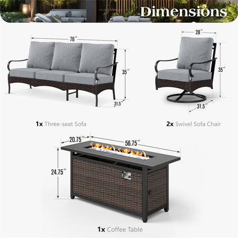 5-Seater Rattan-steel Luxurious Outdoor Sofa Set with 56" Fire Pit Table