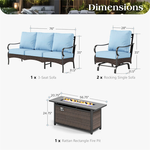 5-Seater Rattan-steel Luxurious Outdoor Sofa Set with 56" Fire Pit Table