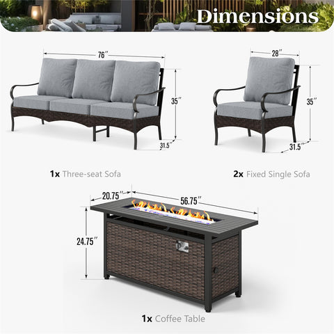 5-Seater Rattan-steel Luxurious Outdoor Sofa Set with 56" Fire Pit Table