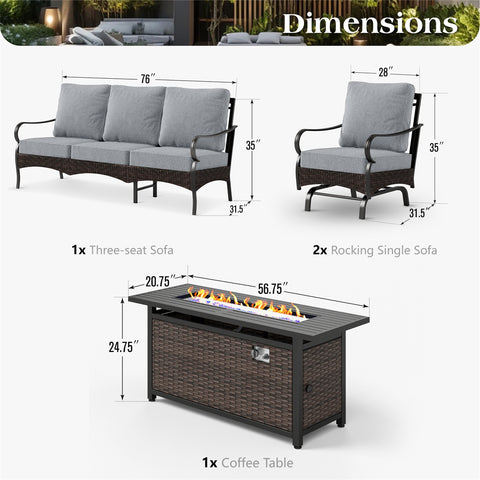 5-Seater Rattan-steel Luxurious Outdoor Sofa Set with 56" Fire Pit Table