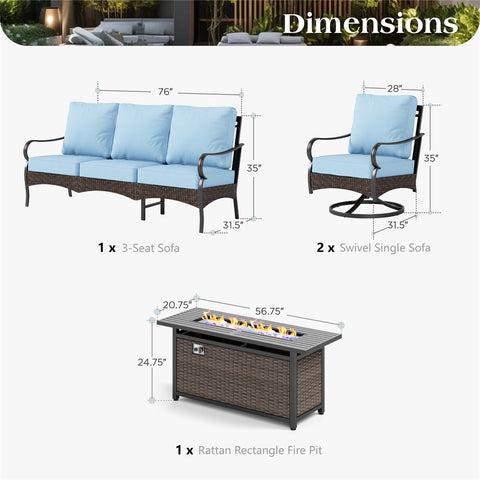 5-Seater Rattan-steel Luxurious Outdoor Sofa Set with 56" Fire Pit Table