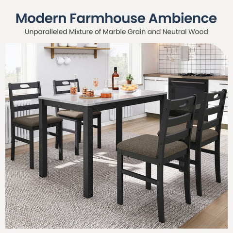 5-Piece Modern Farmhouse Dining Set with Faux Marble Tabletop & Rubber Wood Chairs