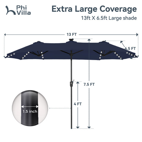 13ft Large Double-Sided Patio Umbrella with Solar Powered LED Lights
