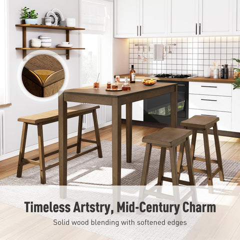 4-Piece Solid Wood Bar Table Set with Saddle Stools and Bench