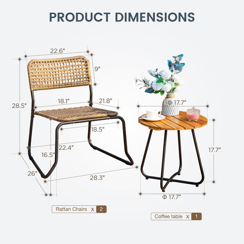 3-Piece Stackable Outdoor Rattan Patio Bistro Set with Solid Acacia Table
