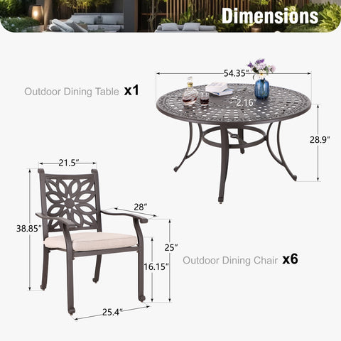 7-Piece Cast Aluminum Patio Dining Set Round Table & Flower Back Chairs