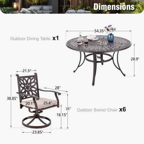 7-Piece Cast Aluminum Patio Dining Set Round Table & Flower Back Chairs