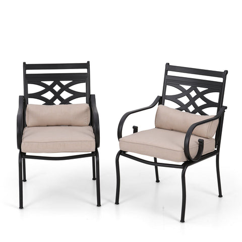 2-Piece Cast Iron Pattern Patio Fixed Dining Chairs with Thick Cushions