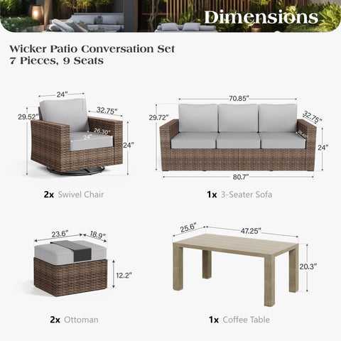 Luxury 5 Seats Wicker Patio Conversation Sofa Set with Swivel Chairs
