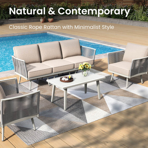 5 Seats Wicker Patio Conversation Sofa Set with Classic Rope Rattan Style