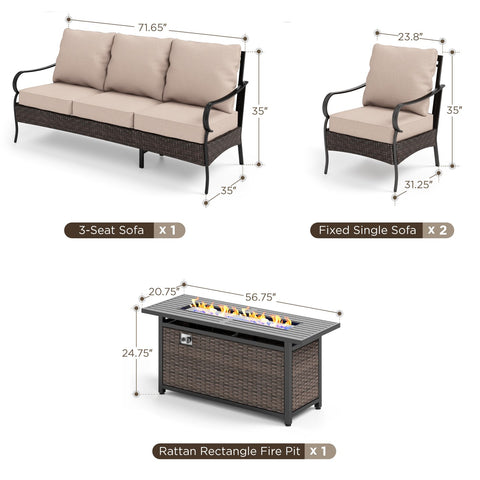5-Seater Rattan-steel Luxurious Outdoor Sofa Set with 56" Fire Pit Table