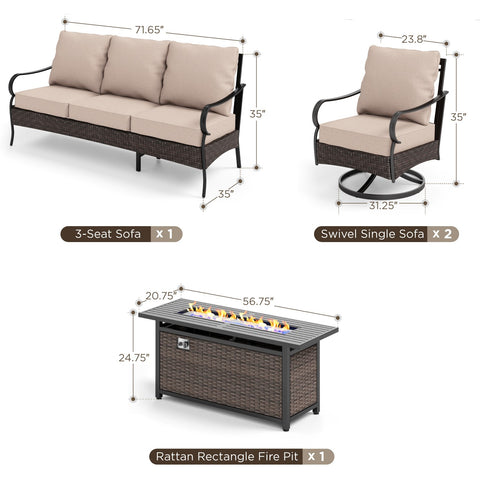 5-Seater Rattan-steel Luxurious Outdoor Sofa Set with 56" Fire Pit Table