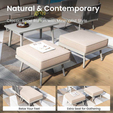 5 Seats Wicker Patio Conversation Sofa Set with Classic Rope Rattan Style