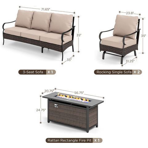5-Seater Rattan-steel Luxurious Outdoor Sofa Set with 56" Fire Pit Table