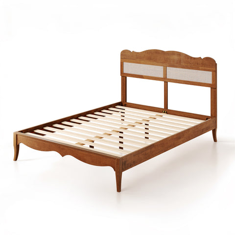 Classic Wooden Bed Frame with Rattan Headboard