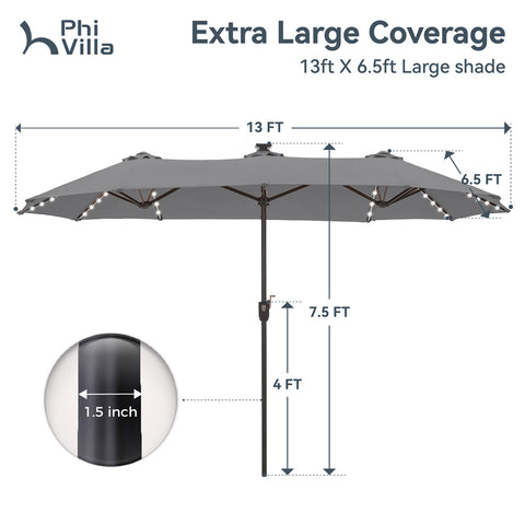 13ft Large Double-Sided Patio Umbrella with Solar Powered LED Lights
