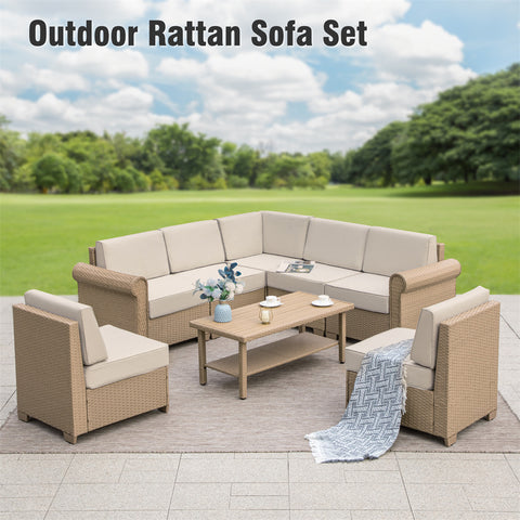 Outdoor Rattan Sofa Set with T-Shaped Sponge Cushion and Coffee Table