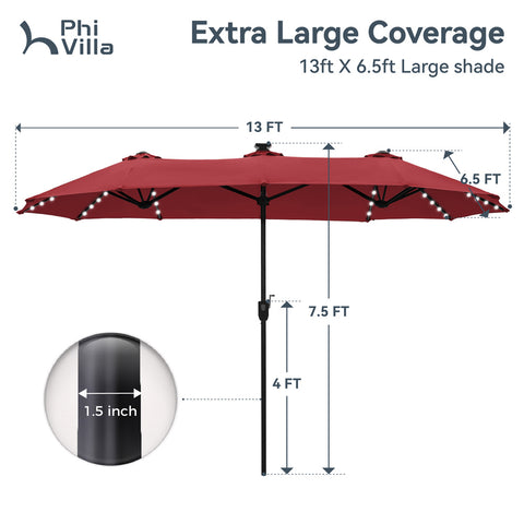 13ft Large Double-Sided Patio Umbrella with Solar Powered LED Lights