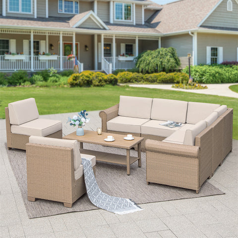 Outdoor Rattan Sofa Set with T-Shaped Sponge Cushion and Coffee Table