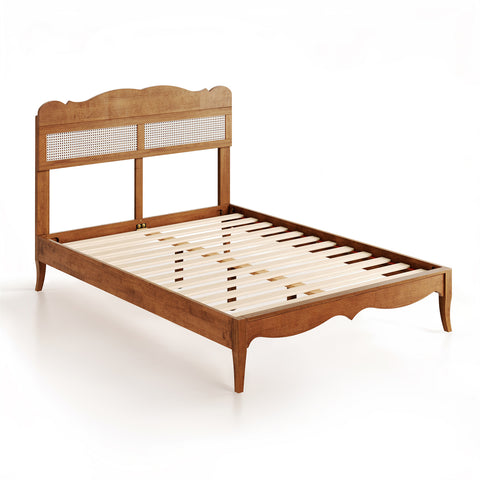 Classic Wooden Bed Frame with Rattan Headboard
