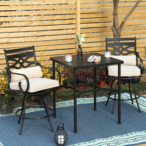 PHI VILLA Patio Bar Stool Set 46"Classic Cast Iron Pattern Back High Bar Stools & Geometrically Stamped High Table