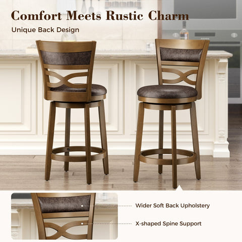 PHI VILLA Rustic Wood Bar Stool with Unique X-Shaped Upholstered Back for Kitchen